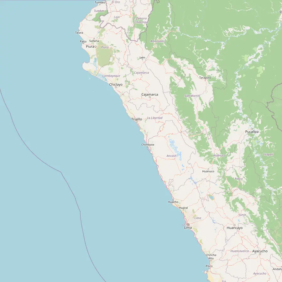 Map of the north coast of Peru from Sechura in Piura south past Coishco and Casma to Lima