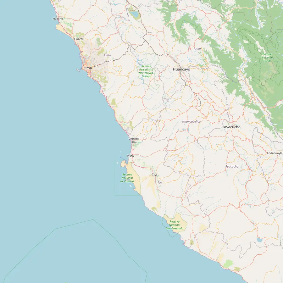 Map of the coast south of Lima past Punta Hermosa, Paracas and Huacachina to the town of Nasca